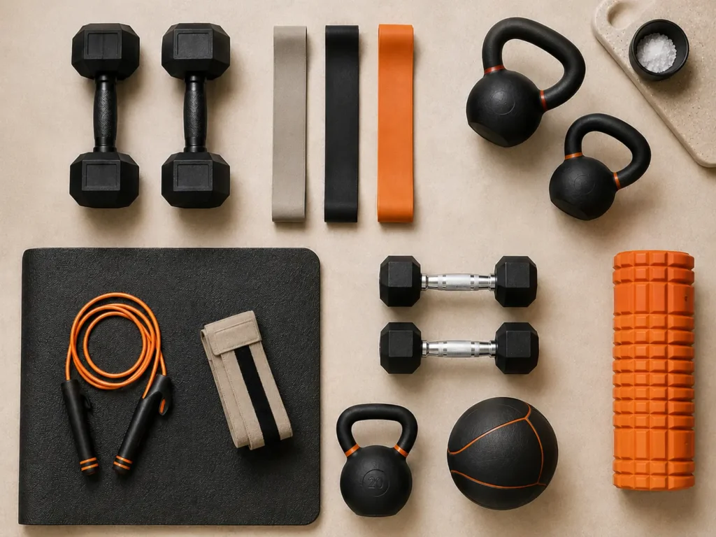 Home gym equipment including dumbbells, kettlebells and resistance bands